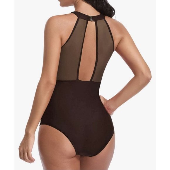 Tempt Me High Neck Mesh Plunge Ruched Swimsuit M - Picture 5 of 6